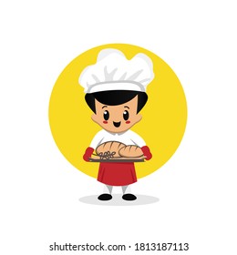 Cute bakery chef boy mascot and logo design isolated on white background