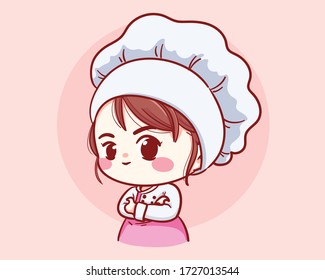 Cute Bakery chef girl arms crossed smiling cartoon art illustration logo. Premium Vector