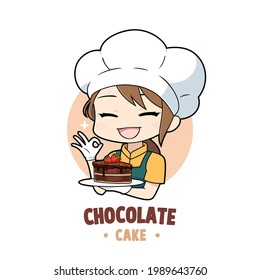 Cute bakery chef girl cartoon holding a chocolate cake mascot logo character