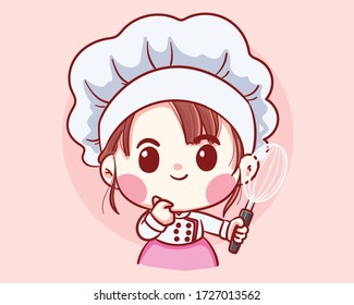 Cute  Bakery chef girl holding whisk cartoon Vector art illustration