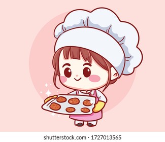 Cute  Bakery chef girl holding tray with fresh-baked cookies. Kid in chef hat and uniform. Cartoon Character cartoon art illustration. Premium Vector