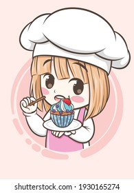 cute bakery chef girl holding a cake and bread - cartoon character and logo illustration