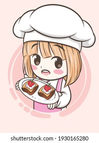 cute bakery chef girl holding a cake and bread - cartoon character and logo illustration