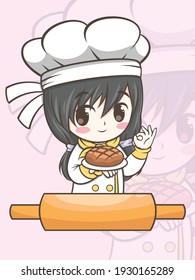 cute bakery chef girl holding a cake and bread - cartoon character and logo illustration