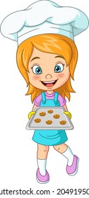 Cute bakery chef girl holding tray with cookies