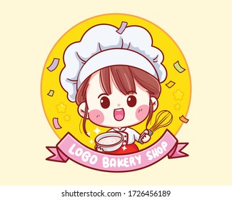 Cute Bakery Chef Girl Smiling Cartoon Art Illustration Logo. Premium Vector