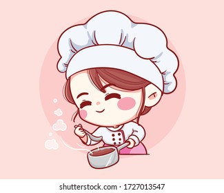 Cute Bakery chef girl taste smiling cartoon art illustration logo. Premium Vector
