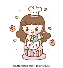 Cute bakery chef vector Kawaii girl cartoon cooking baby unicorn pony child cupcake sweet pastel color (Illustration): food fairy animal, muffin, magic dessert. Happy nursery decoration for cafe.