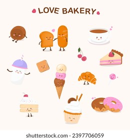 Cute bakery and coffee characters design elements. Cartoon and Hand-drawn style.