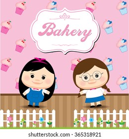 cute bakery cupcake girls with ponytails and long black hair characters red cherry pink and blue cupcakes with flower grass white wooden fence