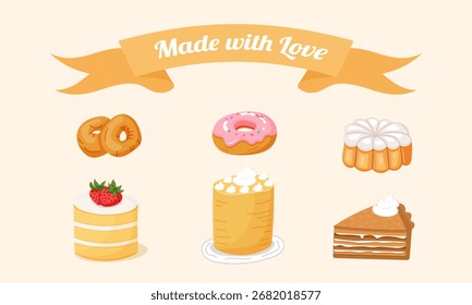 Cute bakery dessert set with cakes and donuts illustration