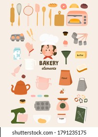 Cute bakery elements flat vector graphic illustration. Baking art print. Baking ingredients and tools, dessert and pastry dishes with chef kawaii logo, symbols, icon. Set Baking and Kitchen items