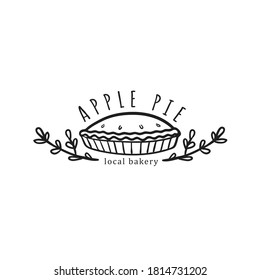 Cute bakery logo with apple pie and floral elements. Rustic logo isolated on white. 