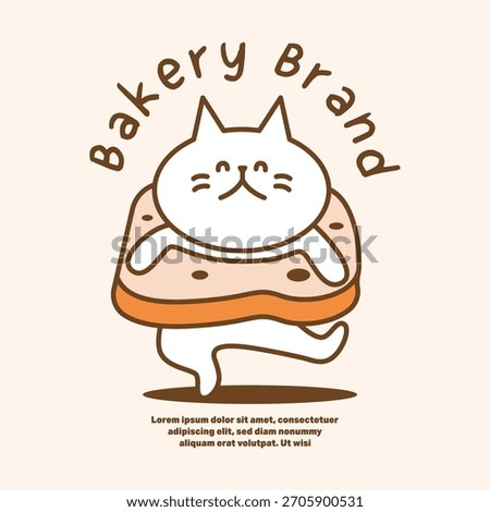 Cute bakery logo with cat in bread slice costume. Playful mascot illustration for cafe branding.