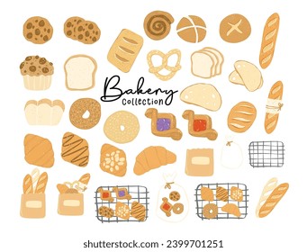 Cute Bakery and pastry breakfast bread collection in flat design cartoon hand drawing illustration. Idea for menu cafe and restaurant decoration.