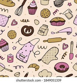 una panadería linda sin fisuras con doodles dibujados a mano para papel de embalaje, impresiones textiles, embalaje, papel pintado, fondos, etc. EPS 10
