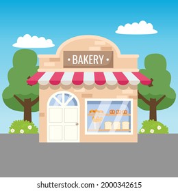 Cute bakery store front view. Flat vector cartoon design