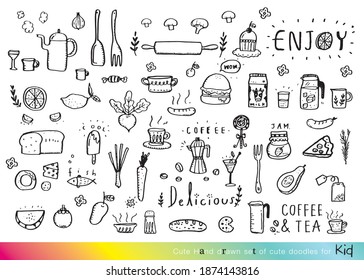 Cute Bakery and Sweet set hand-drawn doodle. Ice cream, cake, candy, muffins. Vector color isolated illustration,hand drawn doodle foods and drinks icon set vector illustration,Hand drawn sweets and c