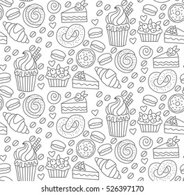 Cute bakery sweets doodles black and white seamless vector pattern