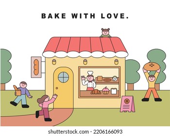 Cute bakery in the woods. A cute baker is selling bread and people come to buy it. flat design style vector illustration.