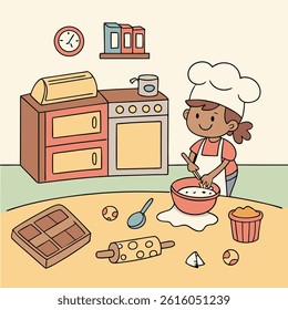 Cute Baking Disaster in Kitchen – Hand-Drawn Vector Art