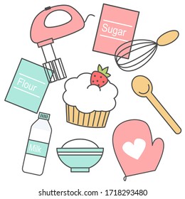 Cute baking kitchen icons doodle vector set with cupcake 