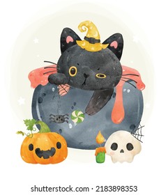 cute balck cat witch in cauldron Halloween watercolor animal character vector illustration