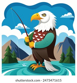 A CUTE BALD EAGLE FISHING WITH ROD AND REEL