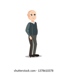 Cute bald old man with retro clothes in walking