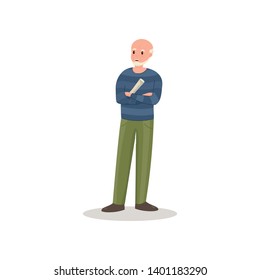 Cute bald senior man with green pants and fresh newspaper