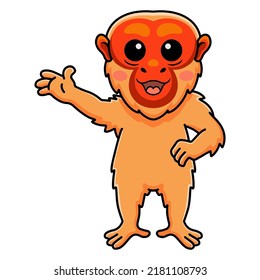 Cute bald uakari monkey cartoon waving hand
