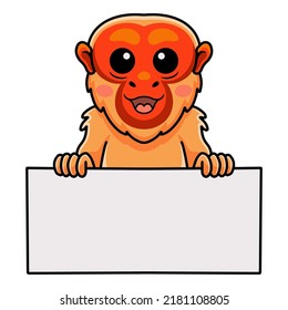 Cute bald uakari monkey cartoon holding blank sign
