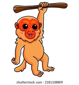 Cute bald uakari monkey cartoon hanging on tree