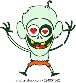 Cute bald zombie with bulging eyes, green skin, big ears, red heart eyes and orange pants while jumping, smiling and feeling madly in love