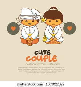 Cute Balinese couple wearing traditional cloth cartoon character vector drawing illustration