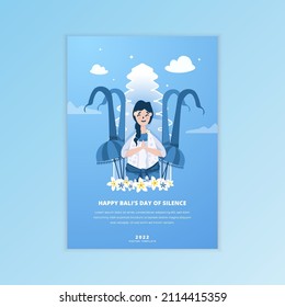 Cute Balinese girl for Nyepi or silence day flat design on poster template