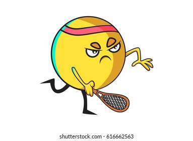 Cute Ball Angrily holding a racket. Vector Illustration. Isolated on white background.