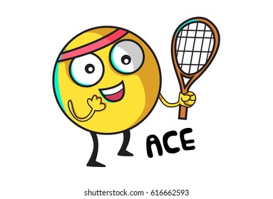 Cute Ball smiling and holding  a racket. Vector Illustration. Isolated on white background.