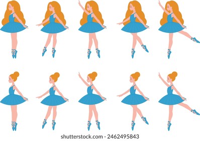 Cute ballerina adorable illustration, ballerina with clothes in blue tones pattern, various poses