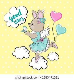 Cute ballerina bunny and the inscription good vibes on a yellow background