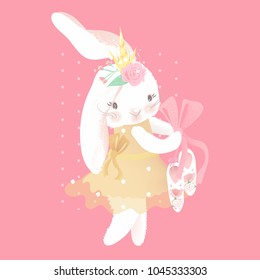 Cute ballerina bunny princess, ballet, ballerina girl with flowers, floral wreath, bouquet, tied bow and ballet shoes