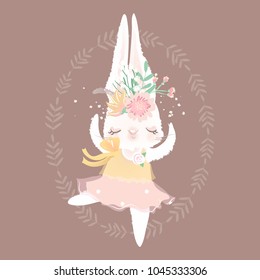 Cute ballerina bunny princess, ballet, ballerina girl with flowers, floral bouquet, tied bow and frame