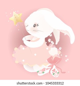 Cute ballerina bunny princess, ballet, ballerina girl with flowers, tied bow, ballet shoes and magic wand