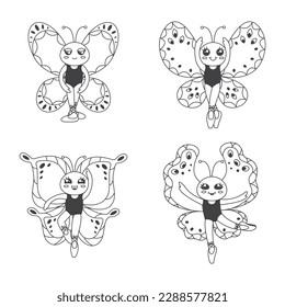 Cute ballerina butterflies, black and white outline illustration