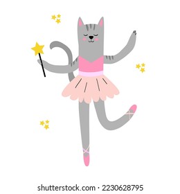 Cute ballerina cat in cartoon style. Gray cat in a pink dress and a star in her hands. Creative children's illustration with a lovely cat. Vector illustration with white isolated background. 