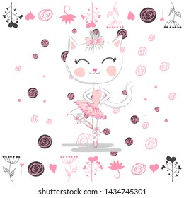 Cute ballerina cat dancing ballet in pink tutu.