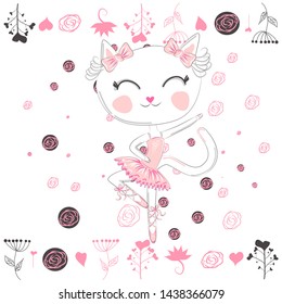 Cute ballerina cat dancing ballet in pink tutu.