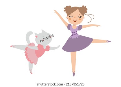 Una bailarina y un gato. Niña feliz y su gatito bailando en tutus. A la niña y a su mascota les gusta el ballet. Personajes divertidos de dibujos animados, ilustración de vector dibujada a mano aislada en blanco. Diseño plano  