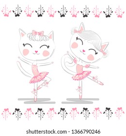 Cute ballerina cats dancing ballet in pink tutu