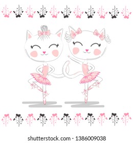 Cute ballerina cats dancing ballet in pink tutu